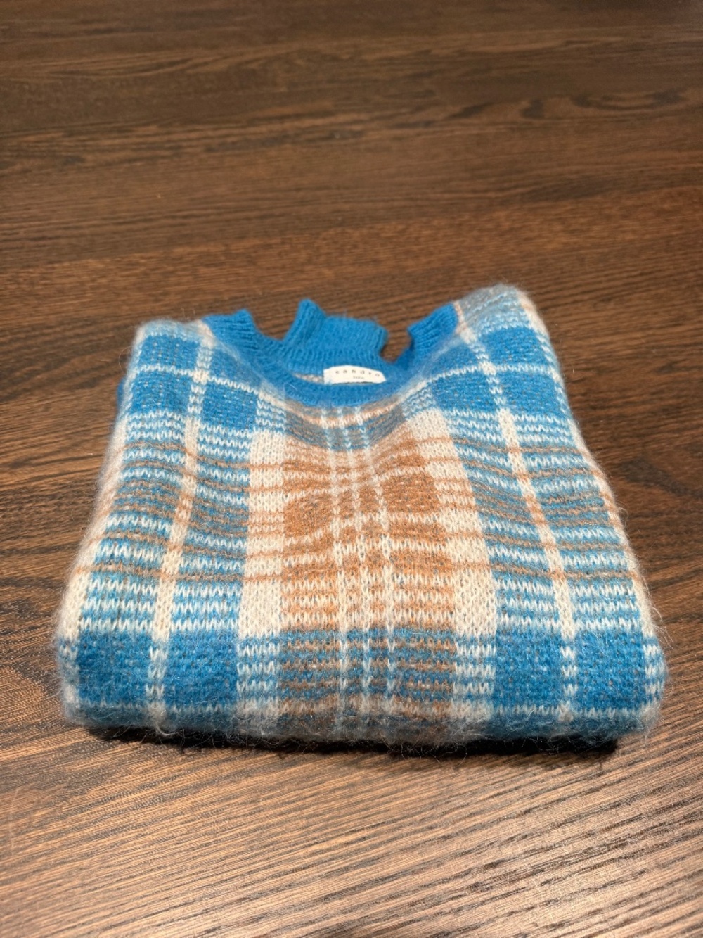 Sandro plaid sweater blue white camel